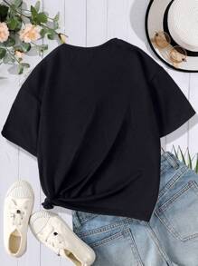 Camiseta gráfica con flores y lema para niñas preadolescentes - Negro - Ver 2
