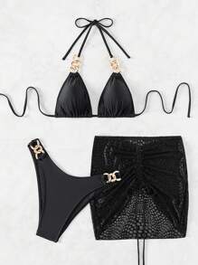 Swim SXY 女士三件套露背比基尼套装，带金属扣装饰，夏季海滩 - 黑色 - 查看 3