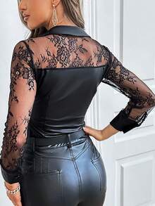 Long Sleeve Lace Patchwork Shirt - Black - View 2