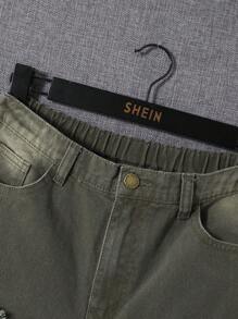 SHEIN Teen Boys' Ripped Frayed Straight Leg Green Denim Jeans ,For Teen Boy Outfits - Army Green - View 4