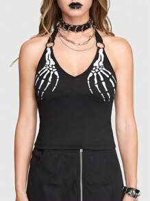 ROMWE Skull & Hand Print Metal Buckled Halterneck Tight Tank Top For Sexy Punk Gothic Style - Black - View 2