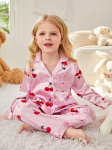 Young Girl Cherry Printed Satin Pajama Set