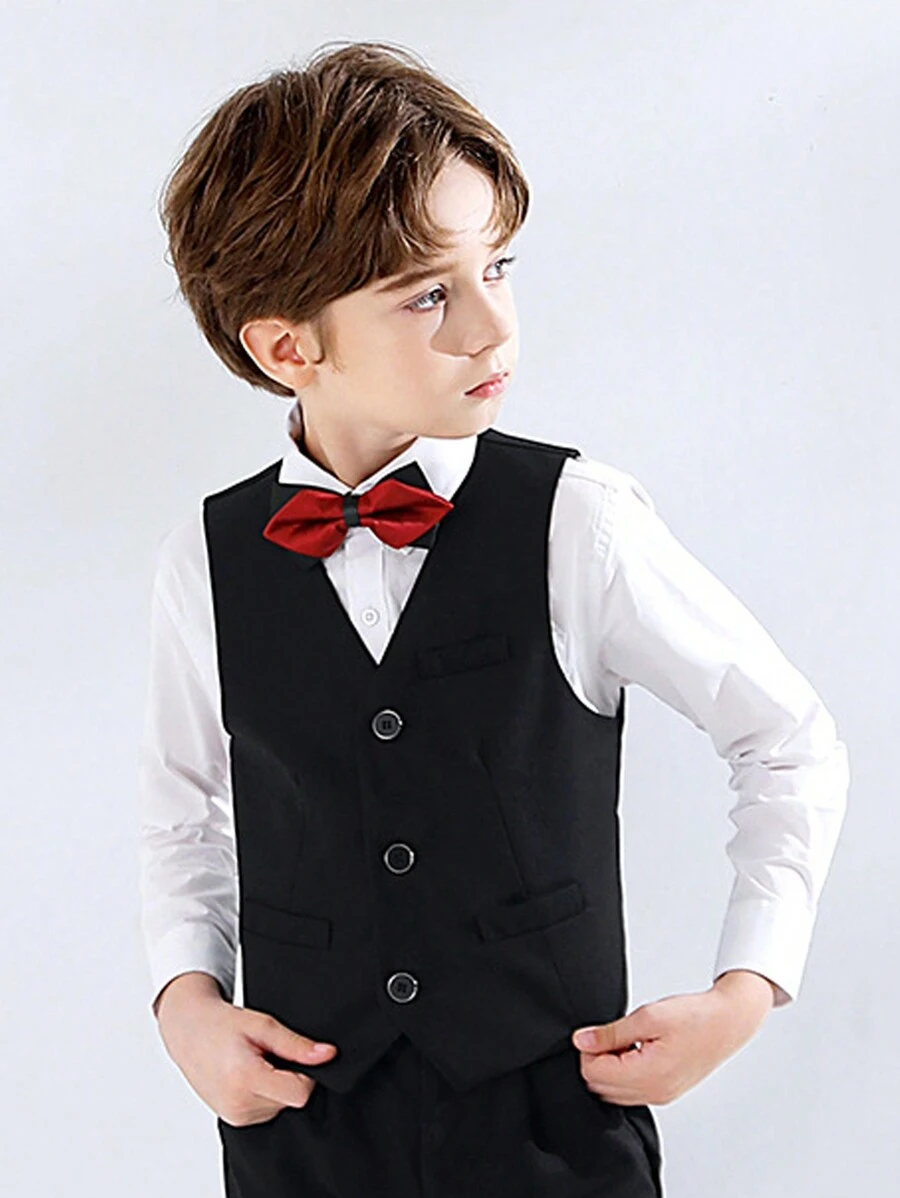 Classic Button-Front Vest For Tween Boys, Perfect For Back-To-School, Formal Occasions In Spring, Autumn And Winter - Black - View 1