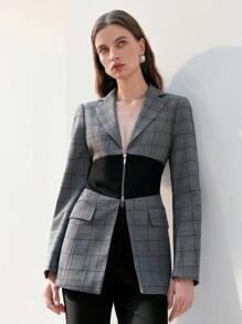 Anewsta Lapel Collar Zipper Closure Plaid Suit Jacket - Black - View 3