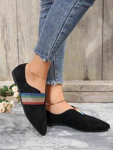 Women's Fashionable And Comfortable Elastic Band Decorated Pointed Toe Soft Soled Flat Shoes In Popular Colors - Black - View 2