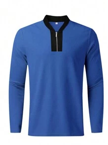 男士彩色區塊帶對比色邊框的拉鍊半排扣上衣和褲子套裝 - 藍色 - 查看 5