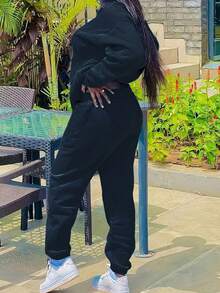 INAWLY Của phụ nữ Màu thuần Lông cừu Áo nỉ Và Quần Bộ - màu đen - Xem 2