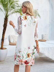 EMERY ROSE Flower Pattern Mesh Splicing Round Neck Dress - Multicolor - View 2
