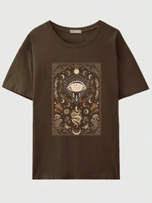 ROMWE Fairycore Loose Fit Short Sleeve T-shirt With Sun, Moon, Stars, Snake, Eye, Mushroom And Print - Coffee Brown - View 1