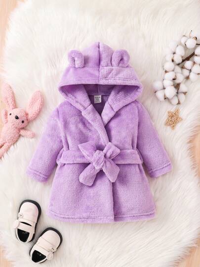 女嬰連帽睡衣,有腰帶和 3d 耳朵裝飾,冬季