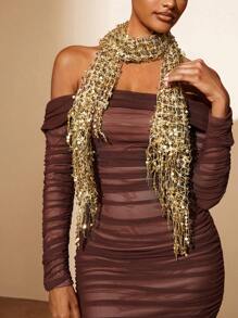 SHEIN SXY Golden Sparkle Fringe Scarf Party,School - Gold - View 2