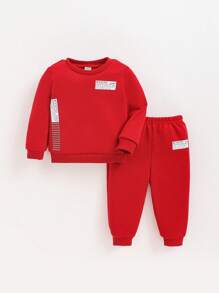 SHEIN Baby Boys' Letter Print Round Neck Sweater And Pants Two Piece Set - Burgundy - View 1