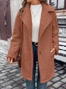 SHEIN Frenchy Shearling Coat With Single Breasted Button & Warm Thermal Lined - Coffee Brown - View 5