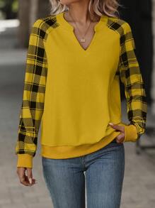 SHEIN LUNE 女款缺角領格紋拼布插肩袖運動衫 - 黃色 - 查看 1
