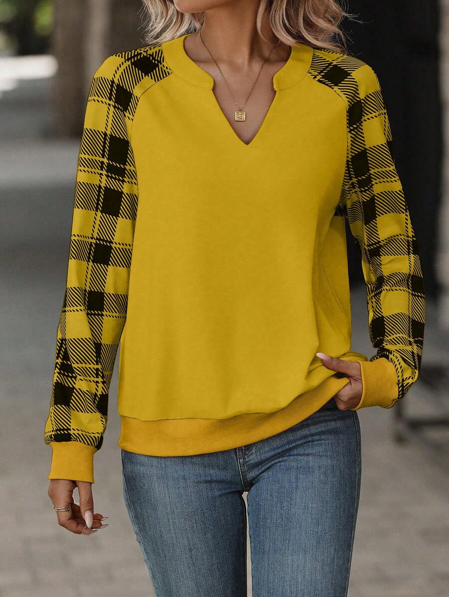 SHEIN LUNE 女款缺角領格紋拼布插肩袖運動衫 - 黃色 - 查看 1