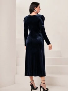 Modelyn Women'S Pearl Decor Puff Sleeve Dress - Blue - View 2