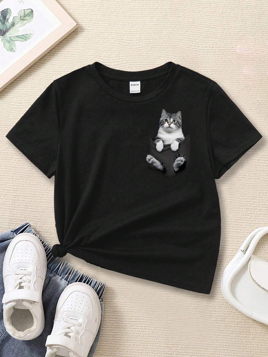 SHEIN Cô gái Tween Giải trí Mô hình Cartoon Ngắn tay Áo thun Thích hợp Cho mùa hè - màu đen - Xem 1