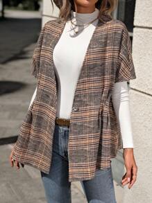 SHEIN Clasi Plaid Batwing Sleeve Woolen Coat - Multicolor - View 6