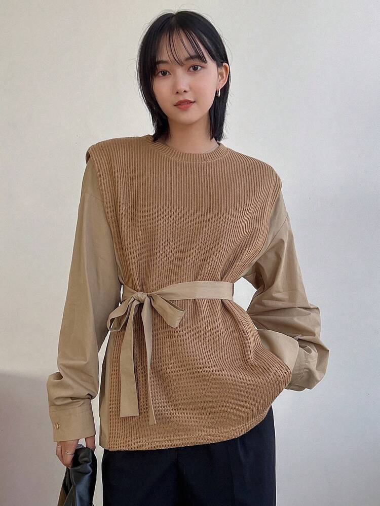 Women'S Loose Fit Drop Shoulder Shirt With Round Neckline And Patchwork Fabric Design,Fall Clothes Long Sleeve Top
