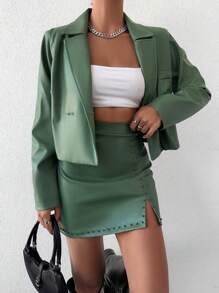 EURMUSE Double Button Blazer & Studded Detail Split Hem Skirt