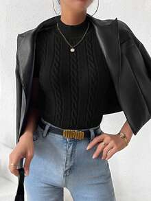 SHEIN Frenchy 休閒純色針織短袖上衣 - 黑色 - 查看 6