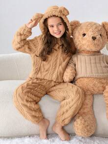 SHEIN Tween 女童都會風格針織純色雙面抓絨連帽連身褲 - 駝色 - 查看 6