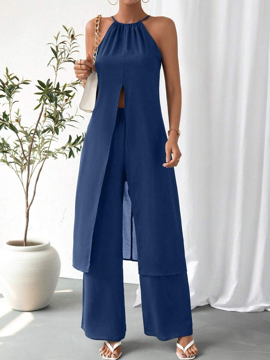 SHEIN Essnce 2pcs Women'S Solid Color Outfit Set - Royal Blue - View 1