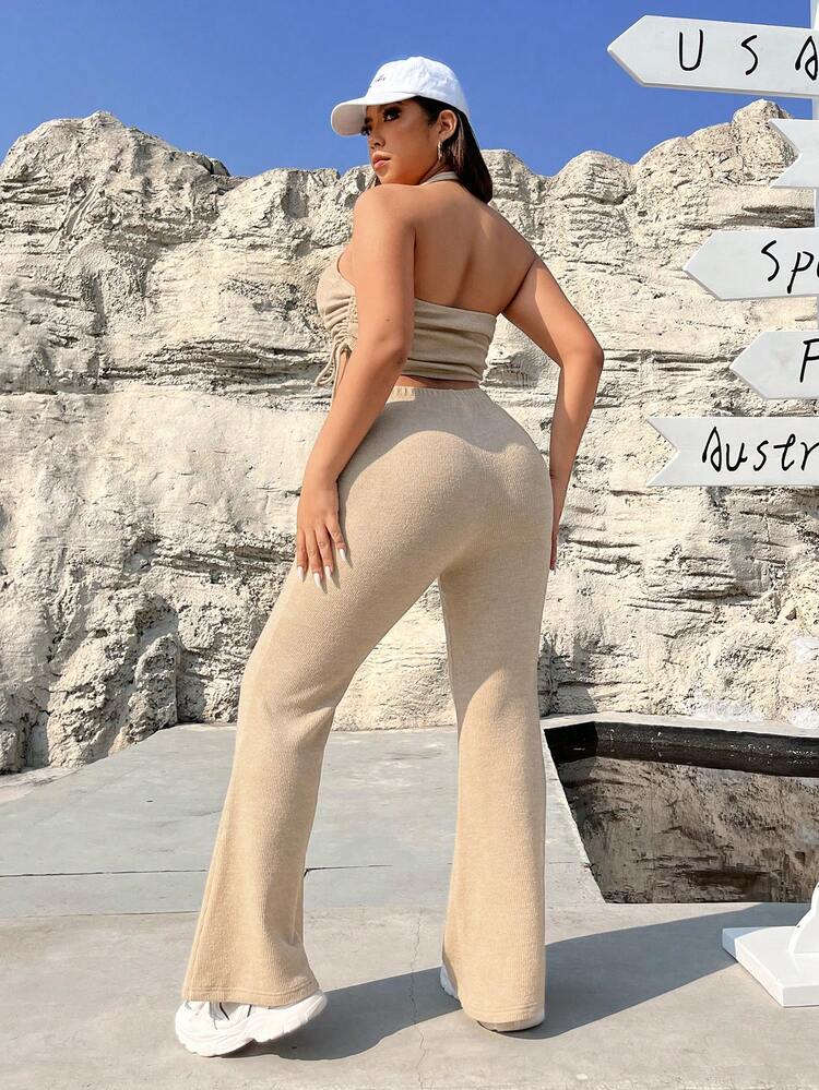 Plus Size Women's Knitted Halter Neck Sleeveless Top And Flared Pants Set