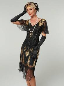 Women's Geometric Sequin Mesh Short Sleeve Cocktail Party Dress Wedding Guest Dress - Black - View 5