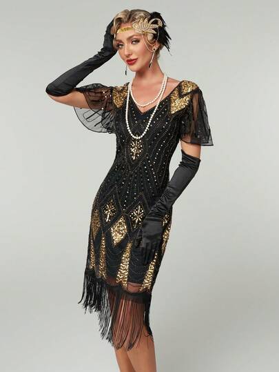 Women's Geometric Sequin Mesh Short Sleeve Cocktail Party Dress Wedding Guest Dress Spring Black Fall
