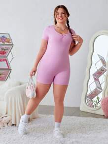 SHEIN EZwear Kích thước lớn Của phụ nữ Thon gọn Romper Với Nhỏ bé Nơ - Hồng - Xem 4