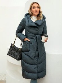 GASMAN 1pc Winter Solid Color Hooded Padded Coat With Drawstring Waist - Navy Blue - View 6