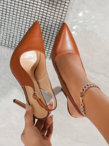 性感时尚棕色PU尖头12厘米细高跟休闲后跟带高跟鞋，春秋季鞋款，优雅女士高跟鞋 - 棕色 - 查看 3