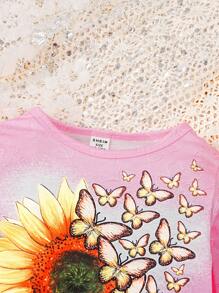 女婴向日葵和蝴蝶印花长袖上衣和牛仔效果长裤两件套 - 彩色 - 查看 3