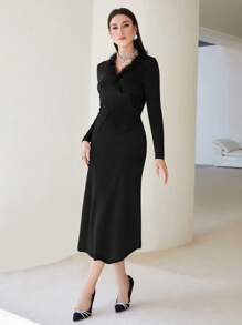 Modelyn Fuzzy Decorated Crossed Wrap Long Sleeve Sweater And Knitted Skirt Set 2 Piece Set - Black - View 1