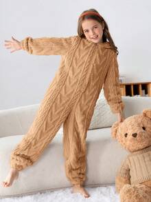 SHEIN Tween 女童都會風格針織純色雙面抓絨連帽連身褲 - 駝色 - 查看 5