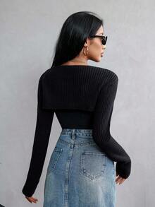 SHEIN EZwear Long Sleeve Super Crop Sweater - Black - View 2