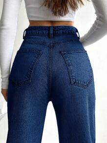 RueChic Solid Color Straight Leg Casual Jeans - Medium Wash - View 2