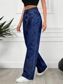 SHEIN Cottnline High Waisted Straight Leg Jeans - Dark Wash - View 4