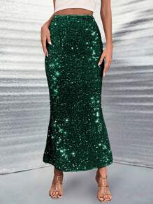 Allurite Mermaid Tail Hem Sequin Skirt - Dark Green - View 3