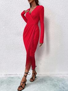 Allurite 女士拼接流蘇邊長袖連衣裙 - 紅色 - 查看 6