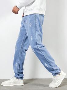 Manfinity EMRG Men Cotton Lightning Print Tapered Jeans - Light Wash - View 6