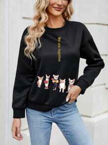 SHEIN LUNE 女性貓咪印花運動衫 - 黑色 - 查看 5