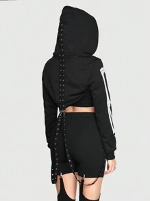 ROMWE Goth Sudadera Super Corta Gótica De Patrón De Esqueleto Para Mujer Con Diseño De Encaje Con Ojales En La Espalda - Negro - Ver 7
