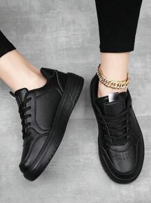 Fall/Winter Women's Thick Sole Skate Shoes, Black Leather Sneakers With Letter Patterned Laces, Round Toe Outdoor Sports Shoes For Plus Sizes - Black - View 3