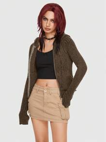 ROMWE Grunge Punk 袋鼠口袋拉鍊連帽開衫 - 駝色 - 查看 4