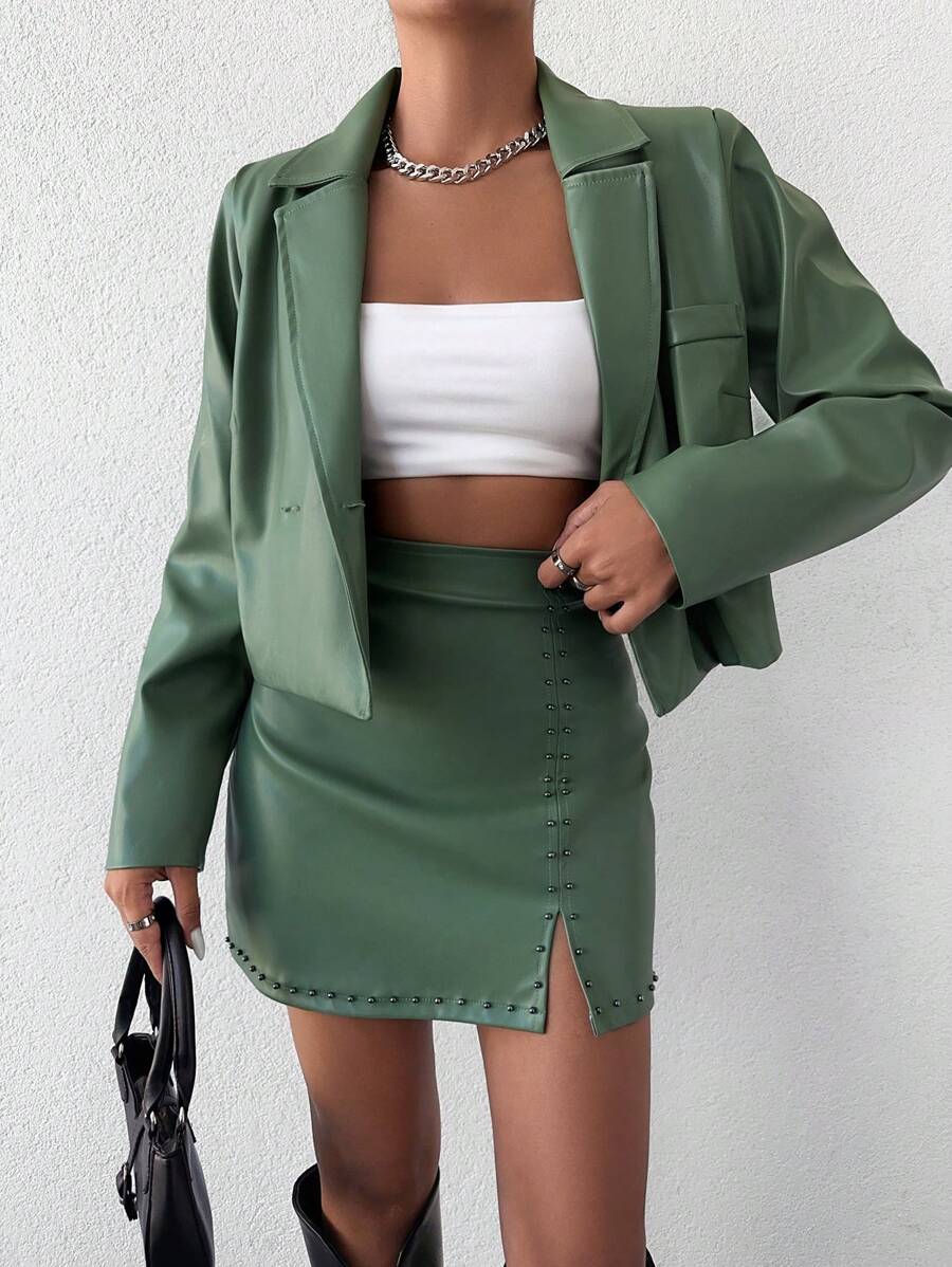 EURMUSE Double Button Blazer & Studded Detail Split Hem Skirt
