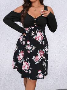 SHEIN LUNE Của phụ nữ Kích thước lớn Hoa In Vai lạnh Đầm - màu đen - Xem 1