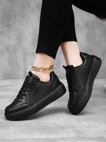 Fall/Winter Women's Thick Sole Skate Shoes, Black Leather Sneakers With Letter Patterned Laces, Round Toe Outdoor Sports Shoes For Plus Sizes - Black - View 2