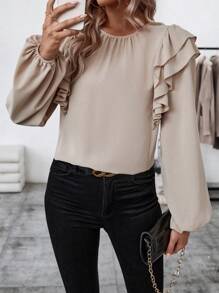 SHEIN Clasi 女式荷葉袖襯衫,下擺有褶邊 - 杏色 - 查看 5